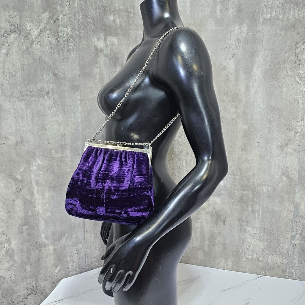 Vintage Purple Velvet Evening Bag Silver Frame Chain Strap Kiss Lock Purse - Picture 2 of 16